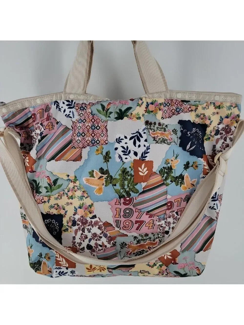 LeSportsac Easy Carry Tote 74 Collage Patchwork Bird Floral Travel Bag